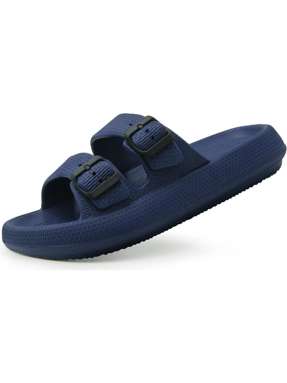 Women's Blue Adjustable Width Pillow Design Double Buckle Flat Slides Slippers